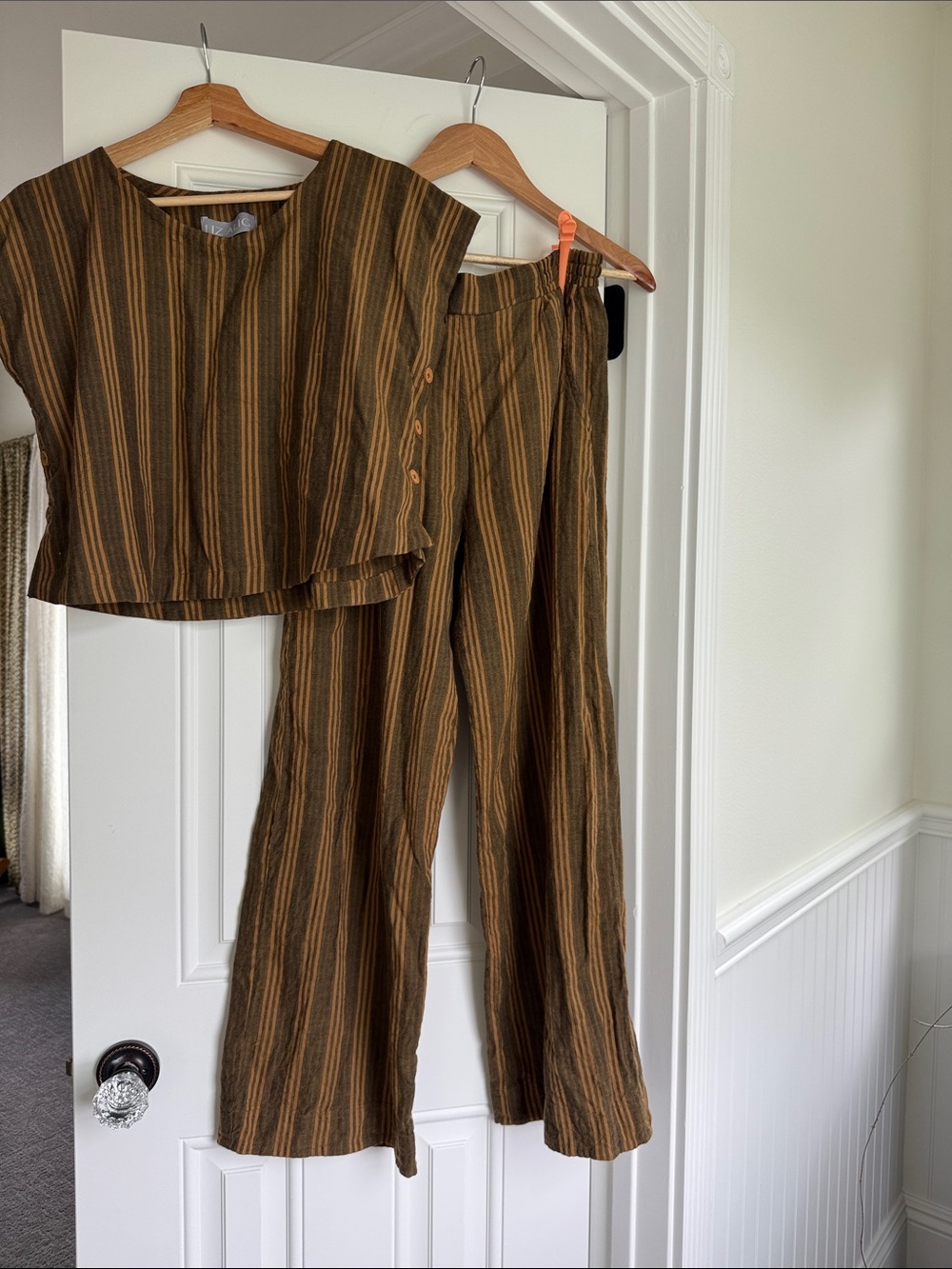 Liz Alig Striped Two-Piece Wide-Leg Set in Brown and Mustard - Picture 3 of 13